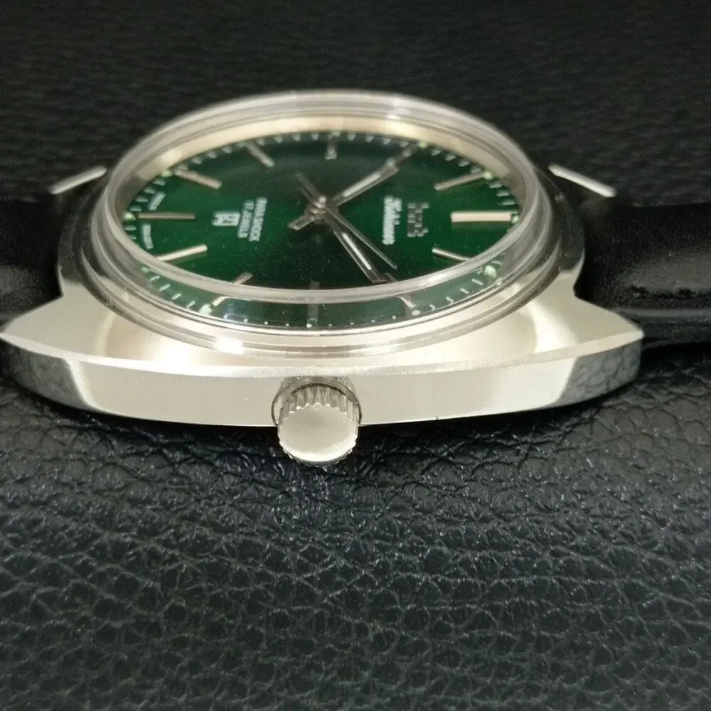 Vintage 1974 HMT Manual Wound Mens Silver Watch & Green accents